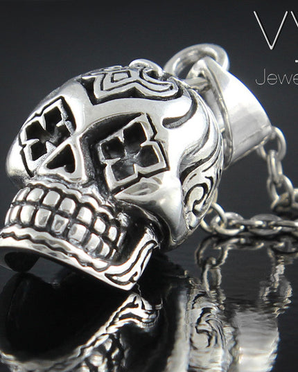 Clover Skull Pendant – Solid 925 Sterling Silver Heavy Gothic Design