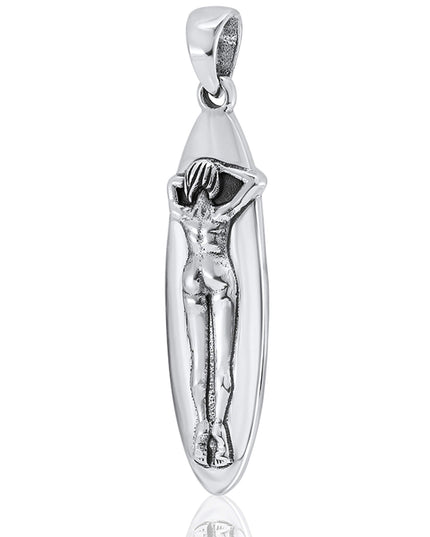 Surfer Girl Pendant – 925 Sterling Silver, Surf Silhouette, 11x41mm, Lightweight 6g, Gift Included