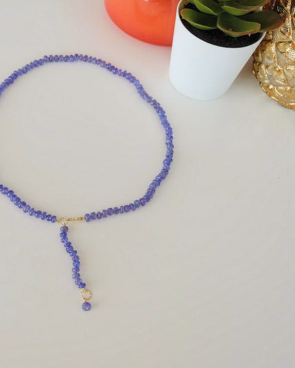 Tanzanite Tennis Necklace – 5-6mm Beads, Hand-Knotted on Lavender Silk with 14K Gold S Clasp & Charm (Adjustable 18–20")