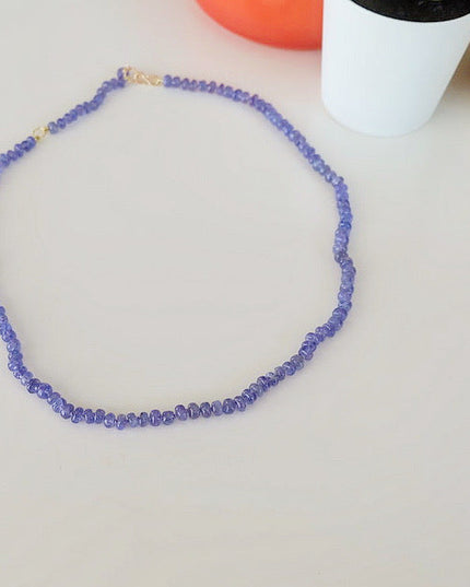 Tanzanite Tennis Necklace – 5-6mm Beads, Hand-Knotted on Lavender Silk with 14K Gold S Clasp & Charm (Adjustable 18–20")