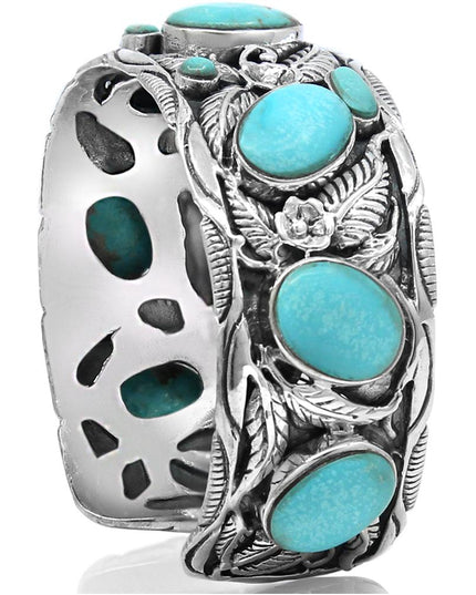 Turquoise Leaves Cuff Bracelet – Solid 925 Sterling Silver with Genuine Turquoise Stones