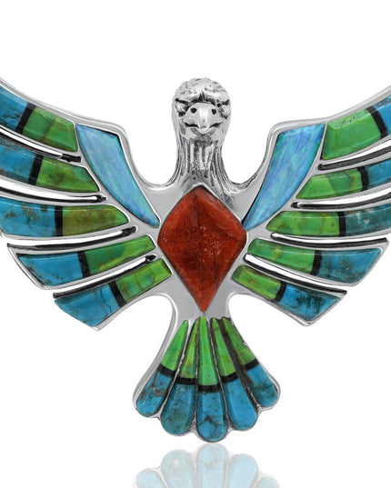 Eagle Myth 925 Sterling Silver Handmade Pendant – Mohave Turquoise, Blue Opal & Coral Gemstones, 50x40mm, 16g