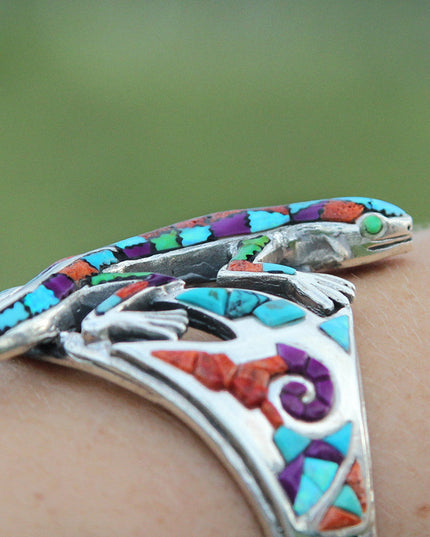 Lizard Cuff Bracelet – Sterling Silver with Opal, Coral & Turquoise Stones