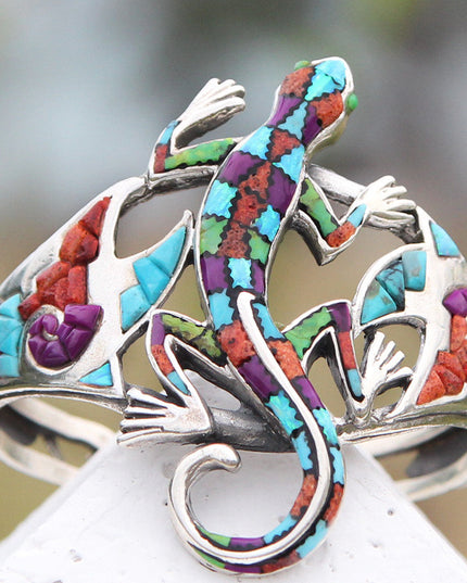 Lizard Cuff Bracelet – Sterling Silver with Opal, Coral & Turquoise Stones