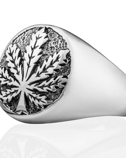 Sterling Silver Cannabis Signet Ring – Solid 925 Men’s Marijuana Leaf Jewelry (18mm)