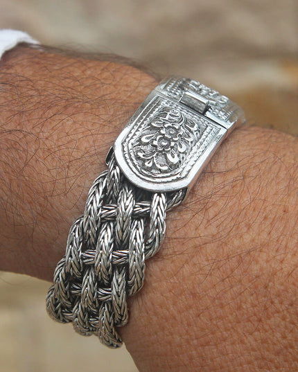 Victorian Flowers 925 Sterling Silver Braided Bracelet – 17mm Wide, Sizes 7–10.5, Made in Thailand