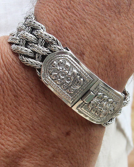 Victorian Flowers 925 Sterling Silver Braided Bracelet – 17mm Wide, Sizes 7–10.5, Made in Thailand