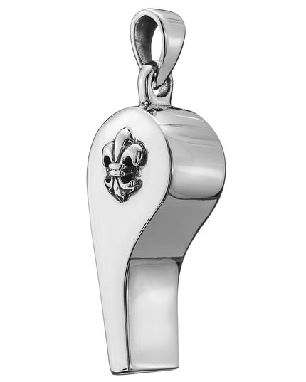 Silver Whistle 925 Sterling Silver Pendant with Fleur-de-Lis – Functional Design, 16x34mm, 18.5g