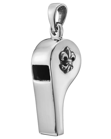 Silver Whistle 925 Sterling Silver Pendant with Fleur-de-Lis – Functional Design, 16x34mm, 18.5g
