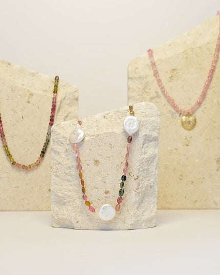 Watermelon Tourmaline Pearl Necklace – Freshwater Pearl & Multicolor Tourmaline, 14K Gold Clasp