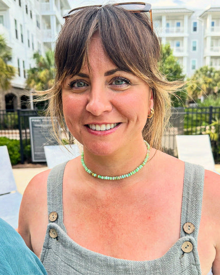 Green Opal Candy Necklace – Hand-Knotted Heishi Beads on Lavender Silk with 14K Gold-Filled Clasp (16.75")