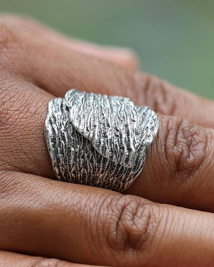 Leaf Embrace Ring – Wide Wrapped Leaf Design in 925 Sterling Silver, Adjustable Women’s Statement Ring