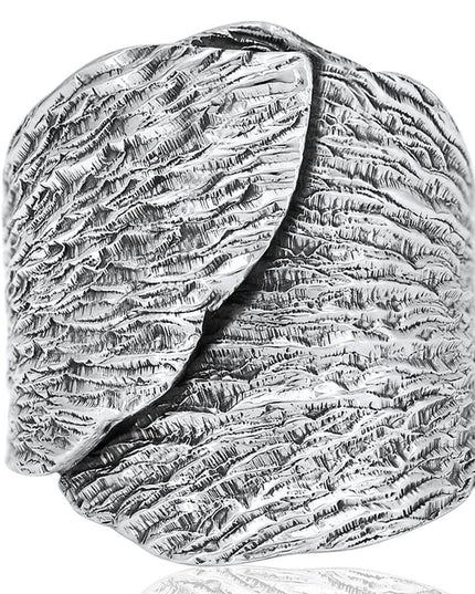 Leaf Embrace Ring – Wide Wrapped Leaf Design in 925 Sterling Silver, Adjustable Women’s Statement Ring