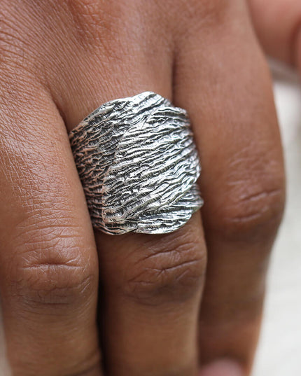 Leaf Embrace Ring – Wide Wrapped Leaf Design in 925 Sterling Silver, Adjustable Women’s Statement Ring