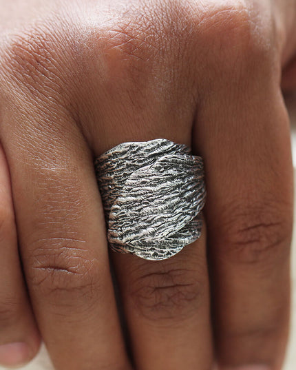 Leaf Embrace Ring – Wide Wrapped Leaf Design in 925 Sterling Silver, Adjustable Women’s Statement Ring