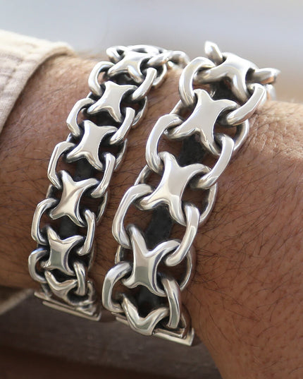 X Biker 925 Sterling Silver Heavy Bracelet – Thick 15mm / 20mm Wide, Double-Lock, Sizes 7–11, Made in Thailand