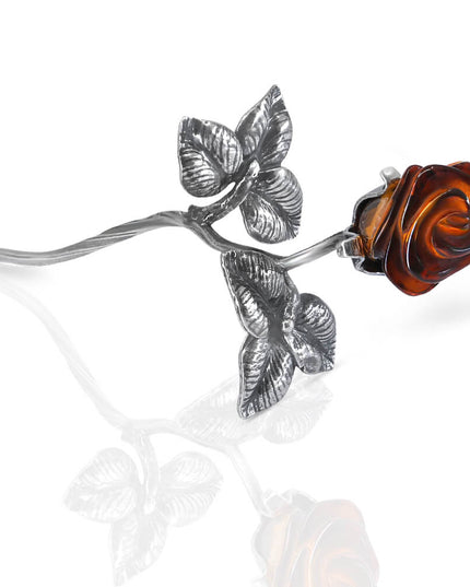Silver Rose Handmade 925 Sterling Silver Rose Figurine with Baltic Amber – 5.9", 18.5g