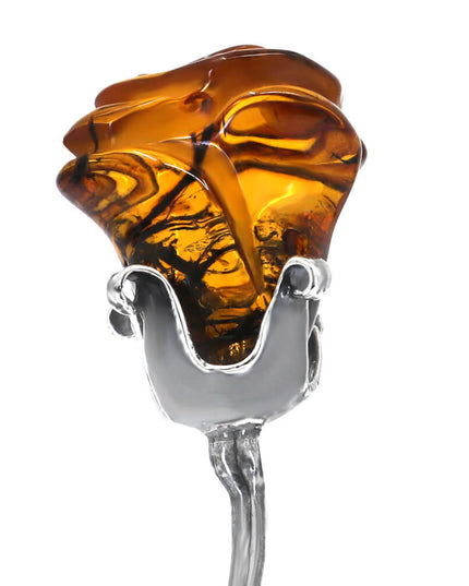 Silver Rose Handmade 925 Sterling Silver Rose Figurine with Baltic Amber – 5.9", 18.5g