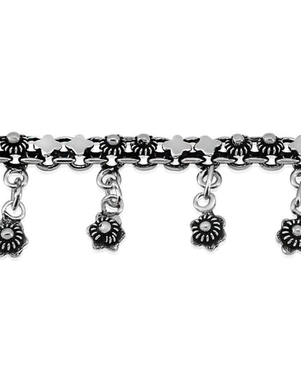 Wreath Anklet 925 Sterling Silver with Flower Design – 14.5mm Wide, Adjustable 10–11", 19g