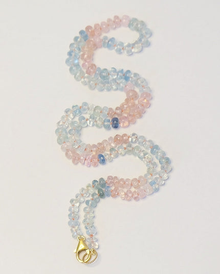 Aquamarine Rose Quartz Candy Necklace – Hand-Knotted Beaded Necklace with 14K Gold Clasp