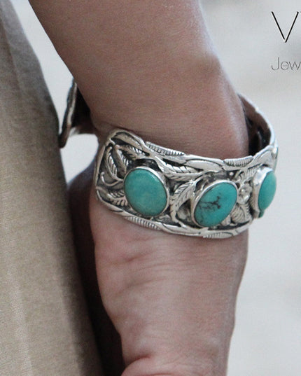 Turquoise Leaves Cuff Bracelet – Solid 925 Sterling Silver with Genuine Turquoise Stones