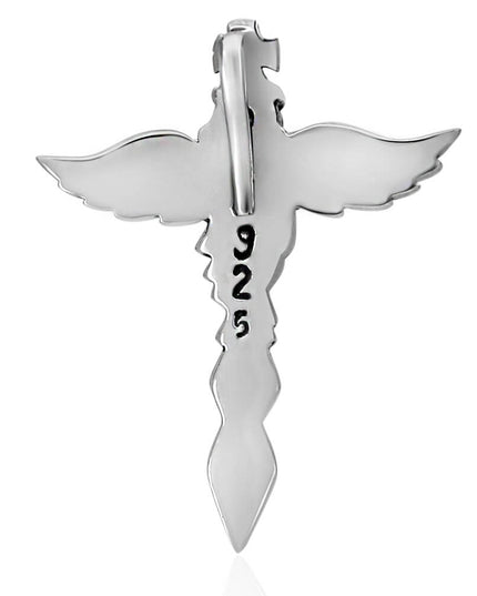 Sterling Silver Angel Wings Cross Pendant – Solid 925 with Black or White Cubic Zirconia