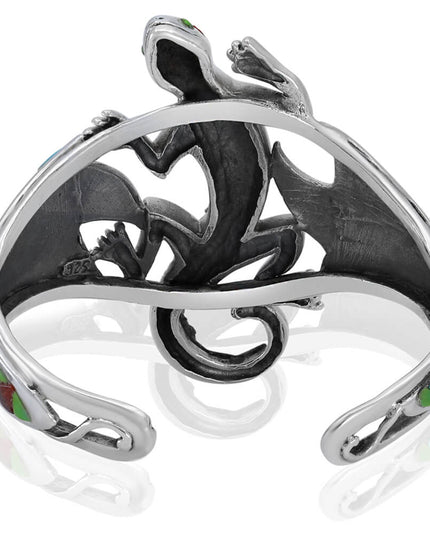 Lizard Cuff Bracelet – Sterling Silver with Opal, Coral & Turquoise Stones
