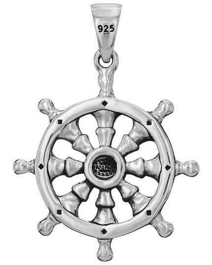 Ship Wheel Pendant – 925 Sterling Silver, 32.8mm Diameter, Nautical-Inspired Jewelry with Anchor, Capri Breeze, or Rimini Style Chain