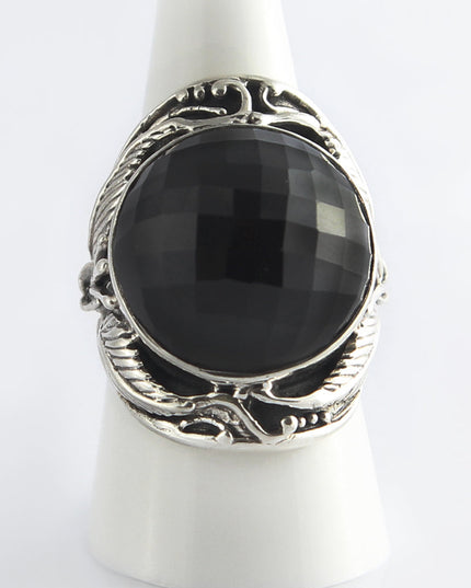 Onyx Ball Ring – Solid 925 Sterling Silver with Large Faceted Onyx Stone