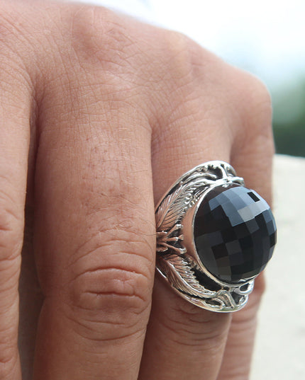 Onyx Ball Ring – Solid 925 Sterling Silver with Large Faceted Onyx Stone