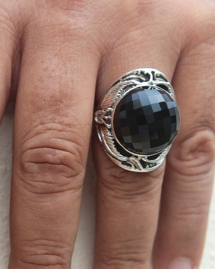 Onyx Ball Ring – Solid 925 Sterling Silver with Large Faceted Onyx Stone