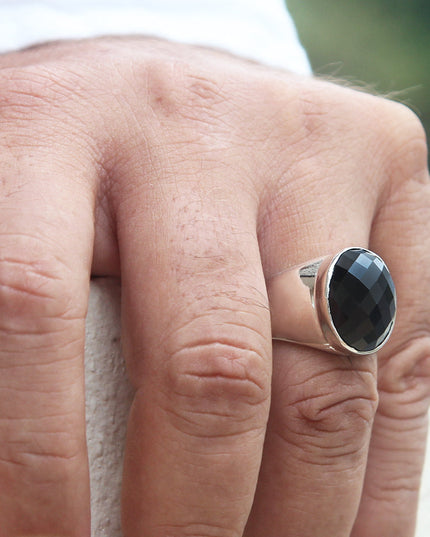 Onyx Pixel Ring – Sterling Silver Handmade Oval Onyx Statement Ring