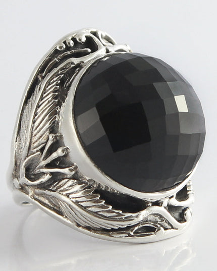 Onyx Ball Ring – Solid 925 Sterling Silver with Large Faceted Onyx Stone