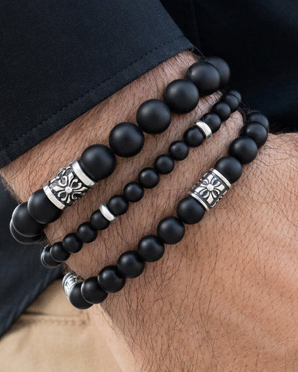 Matte Onyx Beaded Bracelet – 925 Sterling Silver, Unisex, 6/8/10MM Beads, S–XL, Elegant Gemstone Jewelry, Gift Included