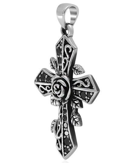 Rose Cross Pendant – Solid 925 Sterling Silver with Black CZ Stones