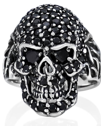Black Skull Ring – Solid 925 Sterling Silver with 98 Black Cubic Zirconia