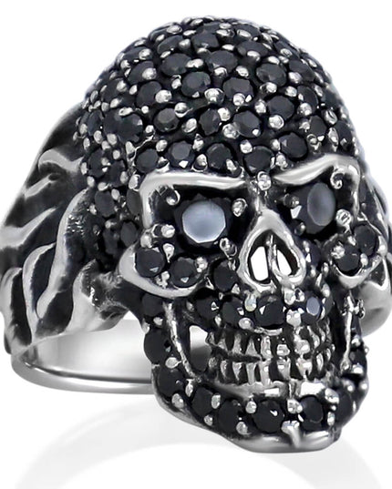 Black Skull Ring – Solid 925 Sterling Silver with 98 Black Cubic Zirconia