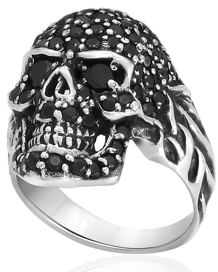 Black Skull Ring – Solid 925 Sterling Silver with 98 Black Cubic Zirconia