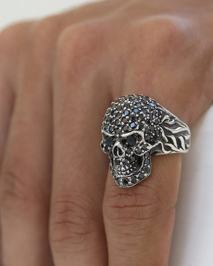 Black Skull Ring – Solid 925 Sterling Silver with 98 Black Cubic Zirconia