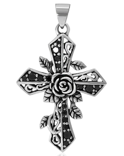 Rose Cross Pendant – Solid 925 Sterling Silver with Black CZ Stones