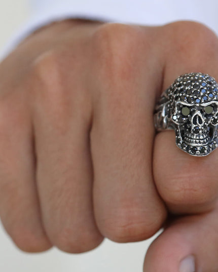 Black Skull Ring – Solid 925 Sterling Silver with 98 Black Cubic Zirconia