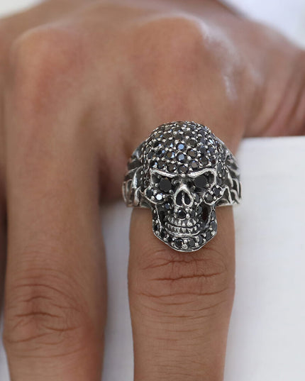 Black Skull Ring – Solid 925 Sterling Silver with 98 Black Cubic Zirconia