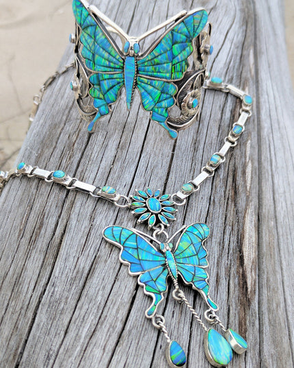 Butterfly Chain Necklace – Solid 925 Sterling Silver with Genuine Blue Opal Stones