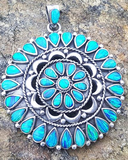 Blue Mandala Pendant – Handmade 925 Sterling Silver with Genuine Blue Opal