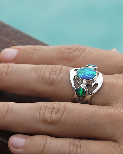 Three Dreams 925 Sterling Silver Women’s Ring – Blue Opal & Moonstone Trio, Sizes 6–12, Handmade Design