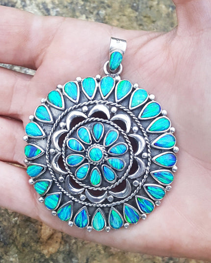 Blue Mandala Pendant – Handmade 925 Sterling Silver with Genuine Blue Opal