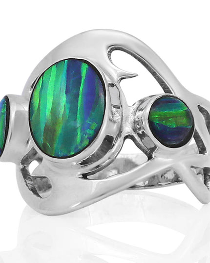 Three Dreams 925 Sterling Silver Women’s Ring – Blue Opal & Moonstone Trio, Sizes 6–12, Handmade Design