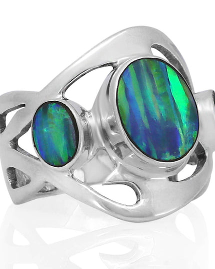 Three Dreams 925 Sterling Silver Women’s Ring – Blue Opal & Moonstone Trio, Sizes 6–12, Handmade Design