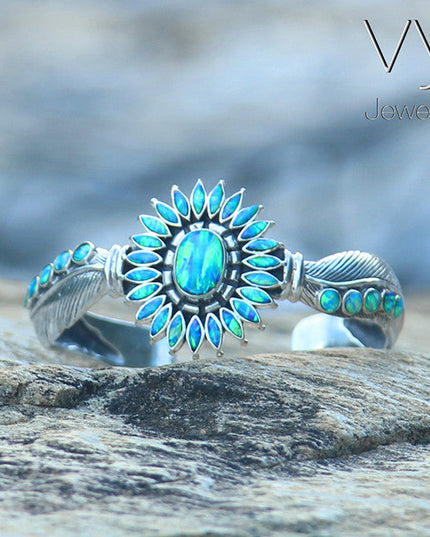 Blue Sun Cuff Bracelet – Solid 925 Sterling Silver with Genuine Blue Opal Stones