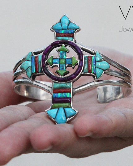 Gemstone Cross Cuff Bracelet – Sterling Silver with Opal, Coral & Turquoise Stones